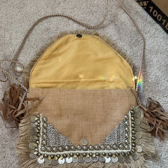 SHASHI Fringe Embellished Clutch - Tan and Silver - Picture 3 of 5